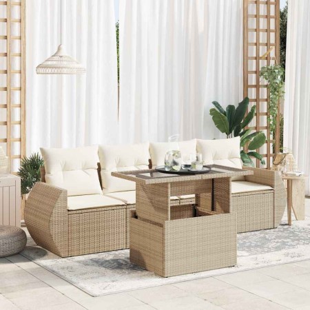 Set Gartensofas mit Kissen 5 Stück synthetisches Rattan beige | Foro24|Onlineshop| Casa, Jardín y Más Foro24.es