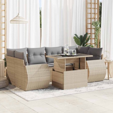 Set aus 7-teiligen Gartensofas und Kissen, synthetisches Rattan, beige | Foro24|Onlineshop| Casa, Jardín y Más Foro24.es