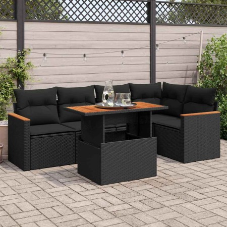 Set garden sofas and cushions 5 pcs synthetic rattan acacia black | Foro24|Onlineshop| Casa, Jardín y Más Foro24.es