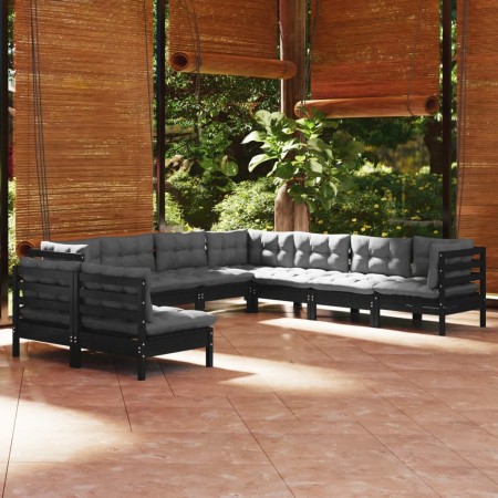 Muebles de jardín 9 pzas y cojines negro madera maciza de pino de vidaXL, Conjuntos de jardín - Ref: Foro24-3096831, Precio: ...