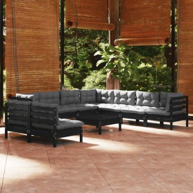 Muebles de jardín 10 pzas con cojines negro madera maciza pino de vidaXL, Conjuntos de jardín - Ref: Foro24-3096837, Precio: ...