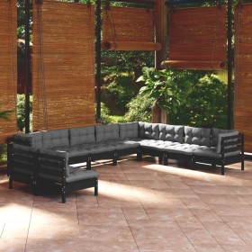 Garden furniture 10 pieces and cushions black solid pine wood by vidaXL, Garden sets - Ref: Foro24-3096843, Price: 962,97 €, ...