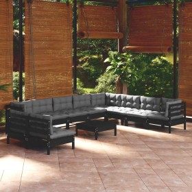 Muebles de jardín 11 pzas con cojines negro madera maciza pino de vidaXL, Conjuntos de jardín - Ref: Foro24-3096849, Precio: ...