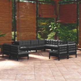 Muebles de jardín 11 pzas y cojines negro madera maciza de pino de vidaXL, Conjuntos de jardín - Ref: Foro24-3096867, Precio:...