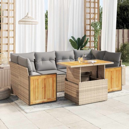 Set sofás jardín y cojines 7 pzas ratán sintético acacia beige de , Conjuntos de jardín - Ref: Foro24-3327678, Precio: 569,45...