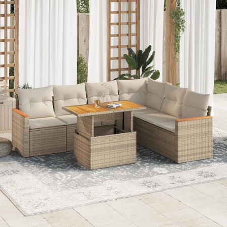 Set sofás jardín y cojines 7 pzas ratán sintético acacia beige de , Conjuntos de jardín - Ref: Foro24-3327495, Precio: 644,08...