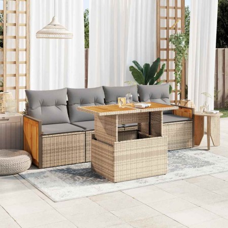 Set sofás jardín y cojines 5 pzas ratán sintético acacia beige de , Conjuntos de jardín - Ref: Foro24-3327657, Precio: 412,99...