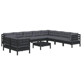 Muebles de jardín 11 pzas con cojines negro madera maciza pino de vidaXL, Conjuntos de jardín - Ref: Foro24-3096921, Precio: ...