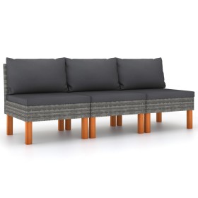 Zentralsofas, 3 Einheiten, synthetisches Rattan und Eukalyptusholz von vidaXL, Modulare Sofas für den Außenbereich - Ref: For...