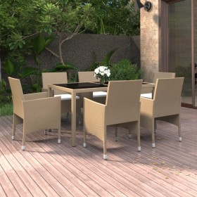 Set de comedor de jardín 7 pzas ratán sintético vidrio beige de vidaXL, Conjuntos de jardín - Ref: Foro24-3058430, Precio: 53...