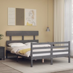 Gray solid wood bed frame with headboard 140x200 cm by vidaXL, Beds and slatted bases - Ref: Foro24-3195093, Price: 154,99 €,...