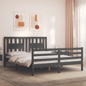 Gray solid wood bed frame with headboard 160x200 cm by vidaXL, Beds and slatted bases - Ref: Foro24-3194583, Price: 161,99 €,...