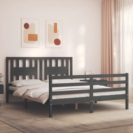 Gray solid wood bed frame with headboard 160x200 cm by vidaXL, Beds and slatted bases - Ref: Foro24-3194583, Price: 161,09 €,...