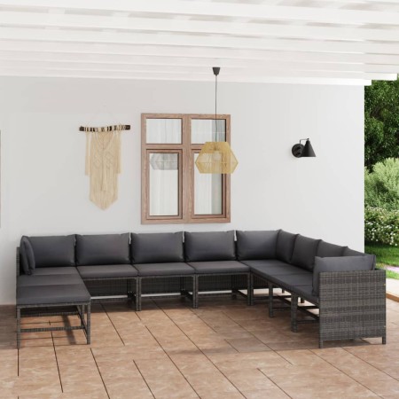 Set de muebles de jardín 11 pzas y cojines ratán sintético gris de vidaXL, Conjuntos de jardín - Ref: Foro24-3059775, Precio:...