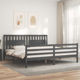 Gray solid wood bed frame with headboard 200x200 cm by vidaXL, Beds and slatted bases - Ref: Foro24-3194333, Price: 181,40 €,...