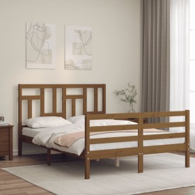 Double bed frame with honey brown wooden headboard by vidaXL, Beds and slatted bases - Ref: Foro24-3194934, Price: 150,99 €, ...