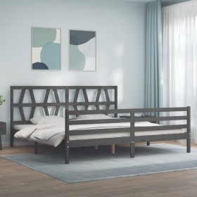 Gray solid wood bed frame with headboard 200x200 cm by vidaXL, Beds and slatted bases - Ref: Foro24-3194398, Price: 168,06 €,...