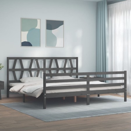 Gray solid wood bed frame with headboard 200x200 cm by vidaXL, Beds and slatted bases - Ref: Foro24-3194398, Price: 167,92 €,...