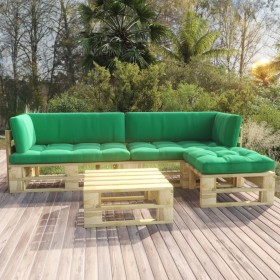 Muebles de palets 4 pzas y cojines madera pino impregnada verde de vidaXL, Conjuntos de jardín - Ref: Foro24-3066762, Precio:...