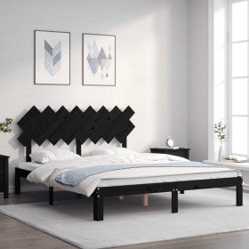 Bed frame with black solid wood headboard 160x200 cm by vidaXL, Beds and slatted bases - Ref: Foro24-3193740, Price: 168,49 €...