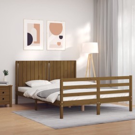 Double bed frame with honey brown wooden headboard by vidaXL, Beds and slatted bases - Ref: Foro24-3194774, Price: 160,17 €, ...