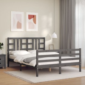 Gray solid wood bed frame with headboard 140x190 cm by vidaXL, Beds and slatted bases - Ref: Foro24-3193903, Price: 158,73 €,...