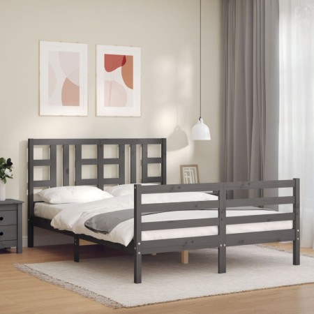 Gray solid wood bed frame with headboard 140x190 cm by vidaXL, Beds and slatted bases - Ref: Foro24-3193903, Price: 158,62 €,...