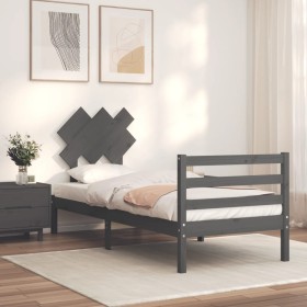 Gray solid wood bed frame with headboard 90x200 cm by vidaXL, Beds and slatted bases - Ref: Foro24-3195273, Price: 98,99 €, D...