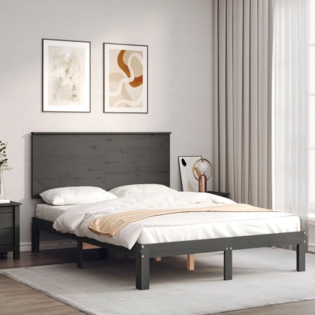 Gray solid wood bed frame with headboard 140x200 cm by vidaXL, Beds and slatted bases - Ref: Foro24-3193663, Price: 150,99 €,...