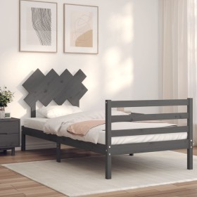 Gray solid wood bed frame with headboard 100x200 cm by vidaXL, Beds and slatted bases - Ref: Foro24-3195278, Price: 108,99 €,...