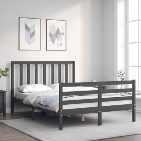 Gray solid wood bed frame with headboard 140x190 cm by vidaXL, Beds and slatted bases - Ref: Foro24-3193773, Price: 159,21 €,...