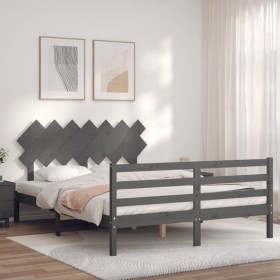 Gray solid wood bed frame with headboard 140x190 cm by vidaXL, Beds and slatted bases - Ref: Foro24-3195268, Price: 161,00 €,...