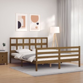 Double bed frame with honey brown wooden headboard by vidaXL, Beds and slatted bases - Ref: Foro24-3194839, Price: 149,99 €, ...