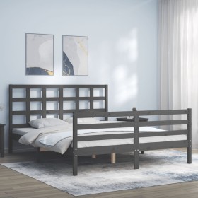 Gray solid wood bed frame with headboard 160x200 cm by vidaXL, Beds and slatted bases - Ref: Foro24-3193998, Price: 151,99 €,...