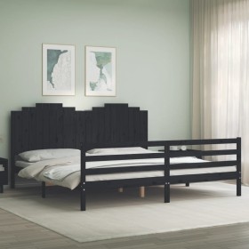 Bed frame with black solid wood headboard 200x200 cm by vidaXL, Beds and slatted bases - Ref: Foro24-3194205, Price: 192,12 €...