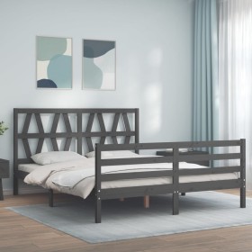 Gray solid wood bed frame with headboard 160x200 cm by vidaXL, Beds and slatted bases - Ref: Foro24-3194388, Price: 152,99 €,...