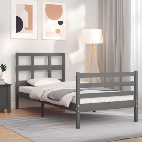 Gray solid wood bed frame with headboard 100x200 cm by vidaXL, Beds and slatted bases - Ref: Foro24-3194823, Price: 106,37 €,...