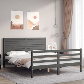 Gray solid wood bed frame with headboard 160x200 cm by vidaXL, Beds and slatted bases - Ref: Foro24-3195038, Price: 206,99 €,...