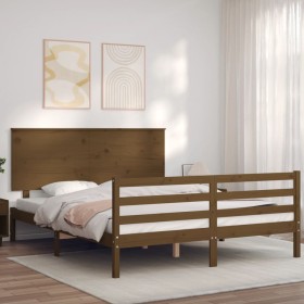 Double bed frame with honey brown wooden headboard by vidaXL, Beds and slatted bases - Ref: Foro24-3195229, Price: 165,62 €, ...