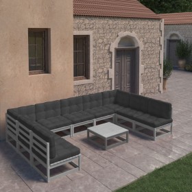 10-piece garden furniture set with gray pine wood cushions by vidaXL, Garden sets - Ref: Foro24-3077201, Price: 880,88 €, Dis...