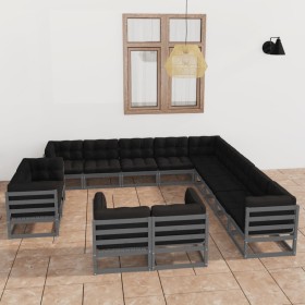 Set de muebles de jardín 13 pzas con cojines madera pino gris de vidaXL, Conjuntos de jardín - Ref: Foro24-3077016, Precio: 1...