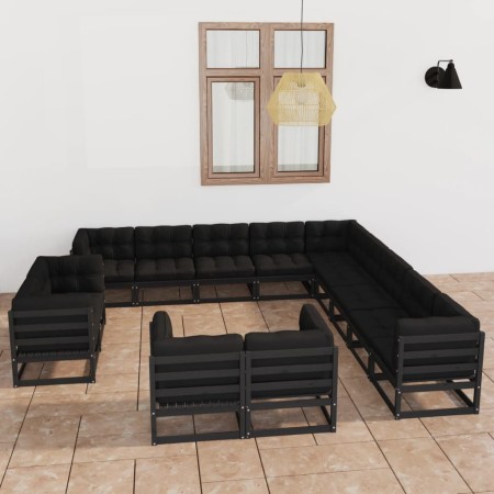 Set de muebles de jardín 13 pzas con cojines madera pino negro de vidaXL, Conjuntos de jardín - Ref: Foro24-3077018, Precio: ...