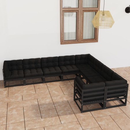 Set de muebles de jardín 9 pzas con cojines madera pino negro de vidaXL, Conjuntos de jardín - Ref: Foro24-3077038, Precio: 1...