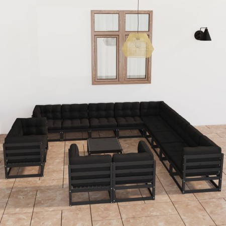 Set de muebles de jardín 14 pzas con cojines madera pino negro de vidaXL, Conjuntos de jardín - Ref: Foro24-3077023, Precio: ...