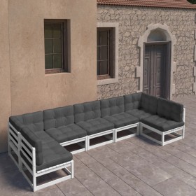 Garden furniture set 7 pieces with solid pine wood and white cushions by vidaXL, Garden sets - Ref: Foro24-3077185, Price: 55...