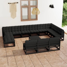 Set de muebles de jardín 14 pzas con cojines madera pino negro de vidaXL, Conjuntos de jardín - Ref: Foro24-3077253, Precio: ...