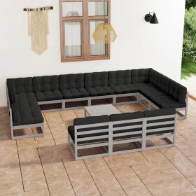 Set de muebles de jardín 14 pzas con cojines madera pino gris de vidaXL, Conjuntos de jardín - Ref: Foro24-3077251, Precio: 1...