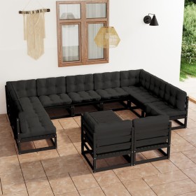 Set de muebles de jardín 12 pzas con cojines madera pino negro de vidaXL, Conjuntos de jardín - Ref: Foro24-3077273, Precio: ...