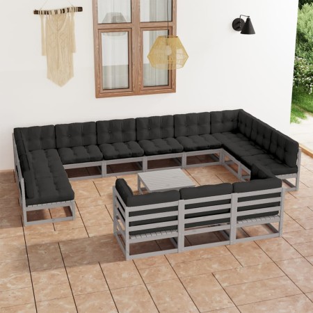 14-piece garden furniture set with gray pine wood cushions by vidaXL, Garden sets - Ref: Foro24-3077291, Price: 1,00 €, Disco...