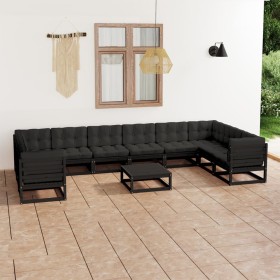 Set de muebles de jardín 11 pzas con cojines madera pino negro de vidaXL, Conjuntos de jardín - Ref: Foro24-3077328, Precio: ...